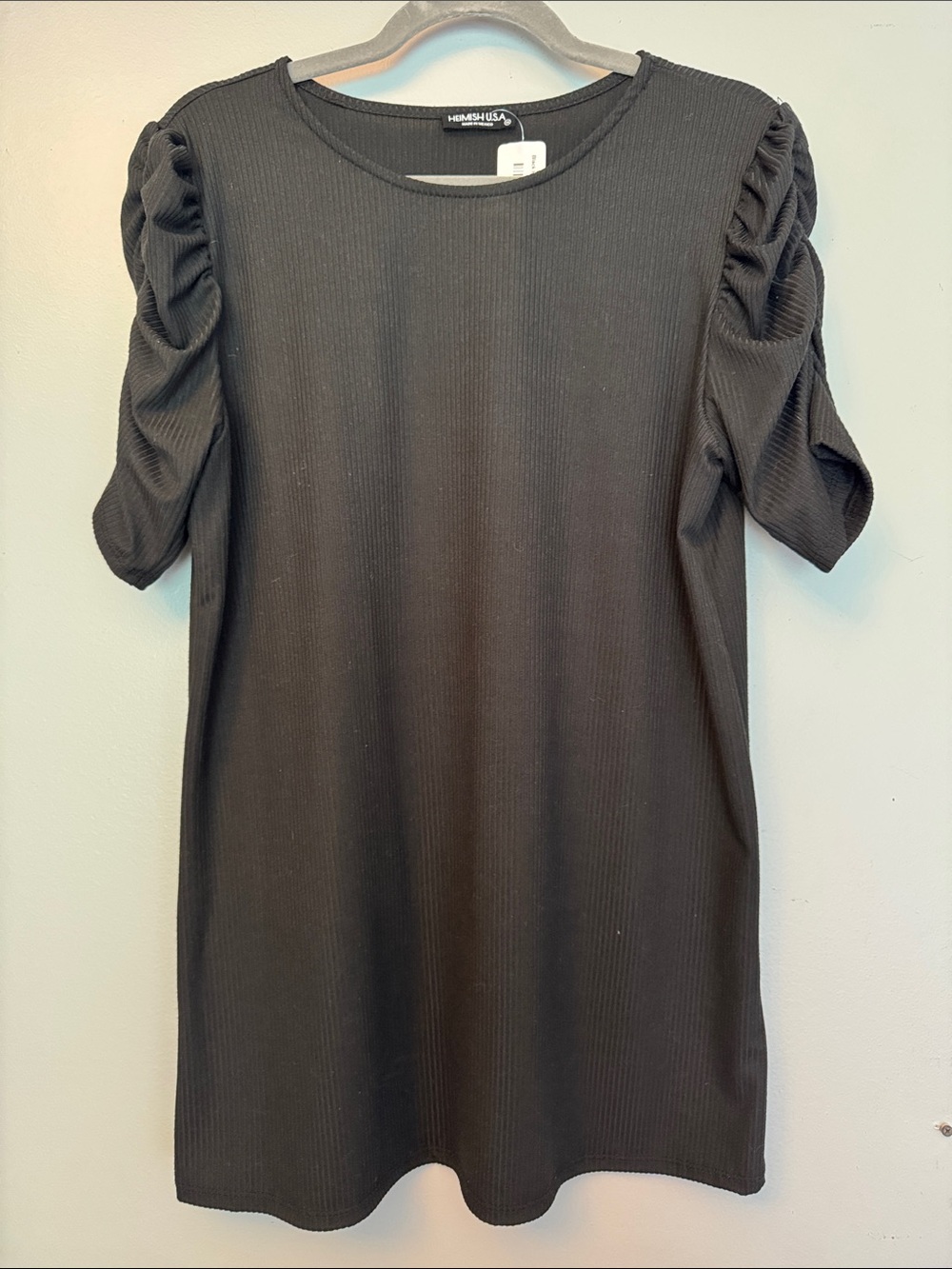 HEIMISH USA Black Short Sleeve Ribbed Tee with Ruched Puff Sleeves